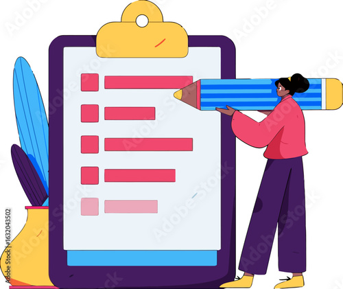 Organized businesswoman reviewing project checklist with oversized pencil, ensuring every task is completed on time, perfect for productivity blogs and time management guides