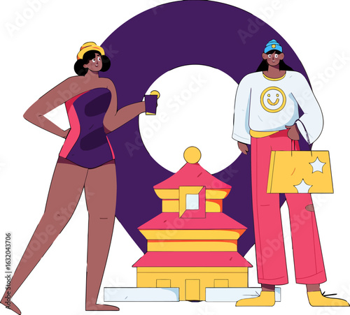 Two stylish friends exploring iconic landmarks and enjoying shopping adventures, creating vibrant memories on their travel journey with modern flair and youthful energy in an exciting location