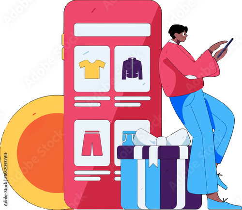 Stylish person enjoying online shopping on a mobile device, browsing for clothes and gifts, experiencing the convenience and excitement of modern retail therapy from the comfort of anywhere