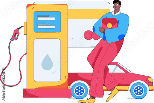 Stylish man refueling his vibrant red car at a modern gas station, embracing convenience and a smooth lifestyle, making everyday tasks feel effortless and enjoyable, perfect for travel ads