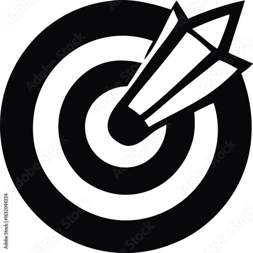 A bold black and white graphic illustration of an arrow hitting the bullseye of a target symbolizing success and accuracy