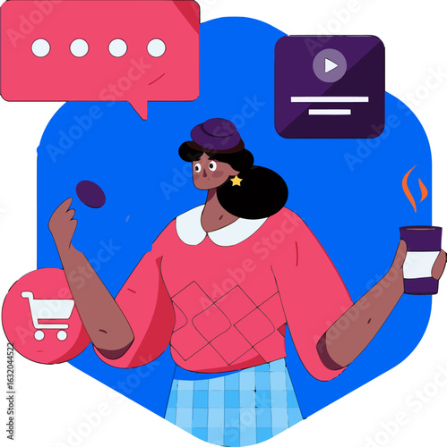 Cartoon woman enjoying online shopping with coffee and social media, showcasing modern digital lifestyle and e-commerce with a friendly, approachable illustration style for web design