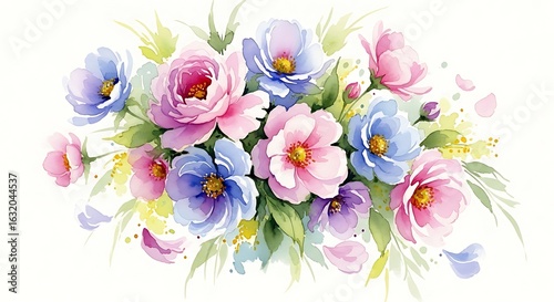Watercolor floral arrangement in pastel pink and blue hues