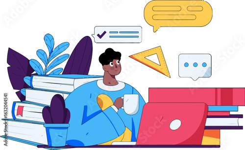 Student studying online with laptop and textbooks, enjoying a coffee break while learning remotely, feeling motivated and focused for academic success, embracing digital education and modern technolog