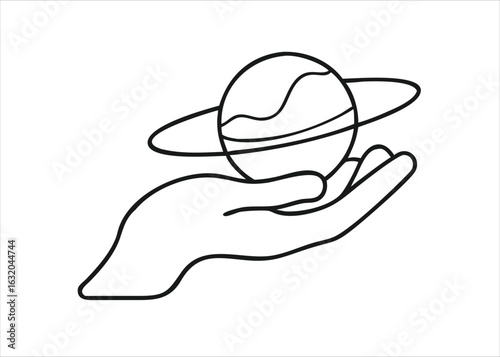 Aesthetic line art depiction of a human hand gently reaching towards the iconic ringed planet saturn presented isolated on white background