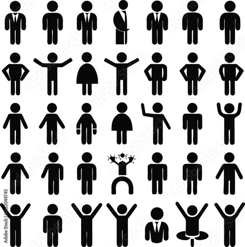 Collection of diverse human silhouettes demonstrating various poses and attire for graphic design and iconography