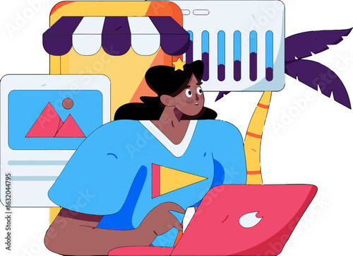 Empowered woman entrepreneur optimistically manages her online store, analyzing sales data and connecting with customers on her laptop, achieving business success and living the digital nomad lifestyl