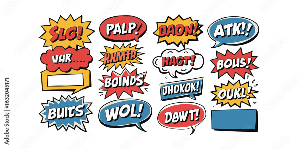Naklejka premium A collection of comic style speech bubbles with various words and exclamations on a white background