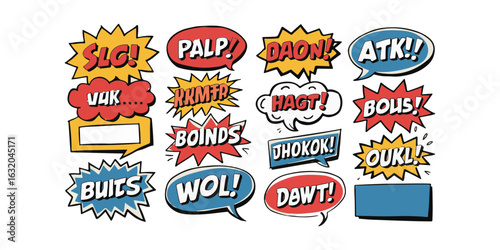 A collection of comic style speech bubbles with various words and exclamations on a white background