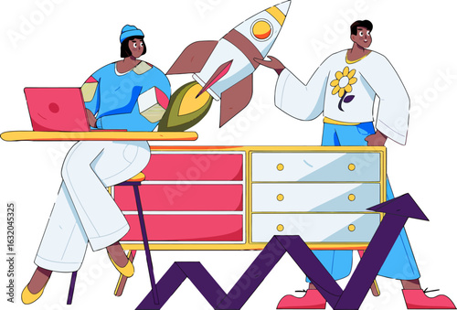 Team launching innovative startup, business growth strategy with rocket, dynamic financial success, modern design, celebrating entrepreneurship, creative collaboration, achieving goals, ambitious visi