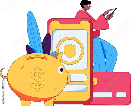 Secure mobile banking concept with happy user viewing financial app, piggy bank and credit card showing savings and investment success, promoting financial well being and smart spending