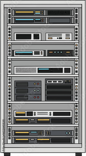 Data center server rack with network hardware equipment vector illustration 