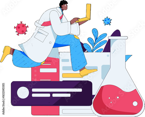 Scientist racing to analyze breakthrough research on laptop, fighting against viral outbreak in a vibrant, modern laboratory setting symbolizing hope, progress, and urgent medical innovation