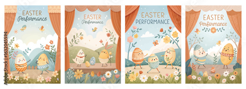 Set of four posters featuring charming Easter designs with pastel colors