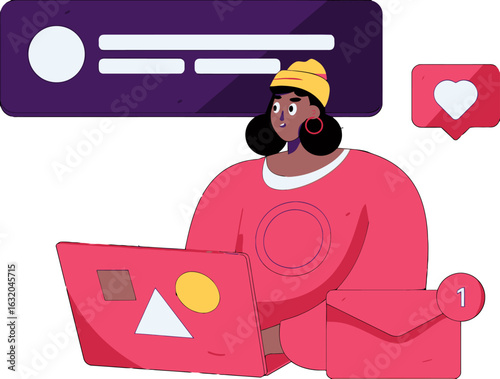 Empowered woman engaging with social media for business growth, receiving messages, likes, and notifications, showcasing digital marketing, online presence, and community engagement success