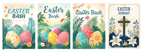 Set of four posters featuring vibrant Easter eggs and floral designs