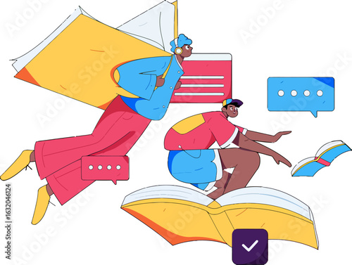 Diverse students joyfully embracing online learning and digital communication, navigating virtual classrooms and open books with enthusiasm for education and success, modern vibrant design
