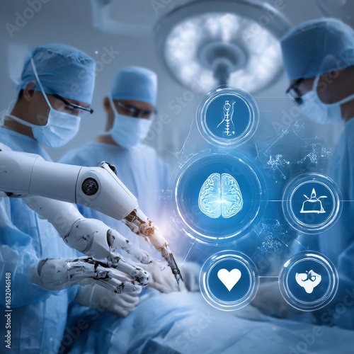 Robot hand ai artificial intelligence assistance for medical healthcare practices operation surgical performance, unity with human and ai concept, with graphical icon display blue banner background