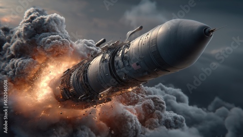 Realistic missile launching with fire and smoke trail in dramatic environment. High-speed weapon concept in action, close-up view, cinematic military scene.