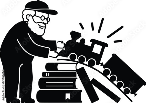 Grandparents Playing with a Train on Books in a Cozy Room, Vector Illustration