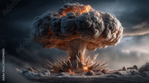 Realistic depiction of a massive nuclear explosion with a dramatic mushroom cloud, fiery blast, and rising smoke against a dark, stormy sky. High detail and cinematic atmosphere.