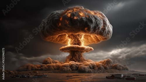 Realistic depiction of a massive nuclear explosion with a dramatic mushroom cloud, fiery blast, and rising smoke against a dark, stormy sky. High detail and cinematic atmosphere.