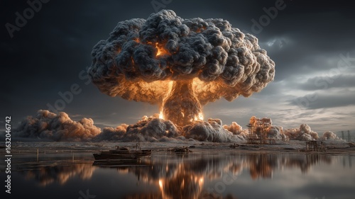 Realistic depiction of a massive nuclear explosion with a dramatic mushroom cloud, fiery blast, and rising smoke against a dark, stormy sky. High detail and cinematic atmosphere.