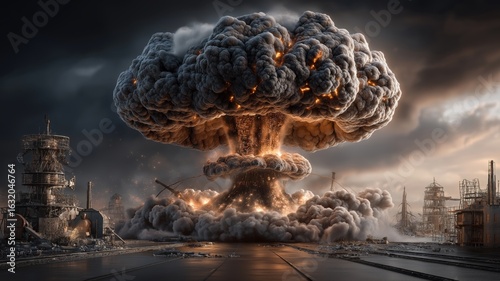 Realistic depiction of a massive nuclear explosion with a dramatic mushroom cloud, fiery blast, and rising smoke against a dark, stormy sky. High detail and cinematic atmosphere.