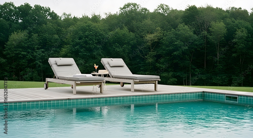 Fototapeta premium Luxury Poolside Relaxation: Loungers, Cocktails, and Refreshing Water Awaits