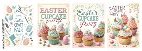 Set of four posters featuring Easter cupcake party invitations with pastel designs