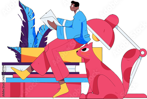 Stylish student absorbed in studies with vibrant books, cozy lamp, and a charming feline companion in a playful, modern illustration, perfect for educational and lifestyle content