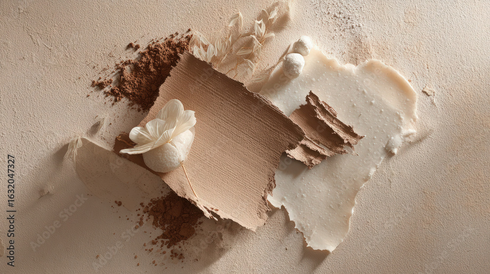 The photo showcases a makeup concept with a flower, textures, and a neutral color palette. The photo showcases a makeup concept with a flower, textures, and a neutral color palette.