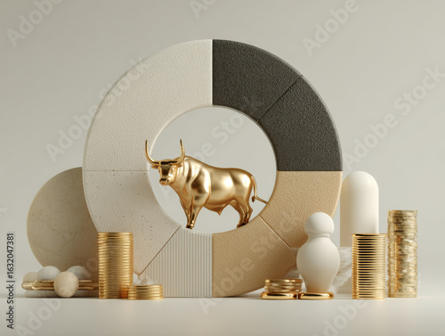 Golden bull figurine stands in center of segmented circular chart, surrounded by stacks of coins and geometric shapes, symbolizing financial growth and investment