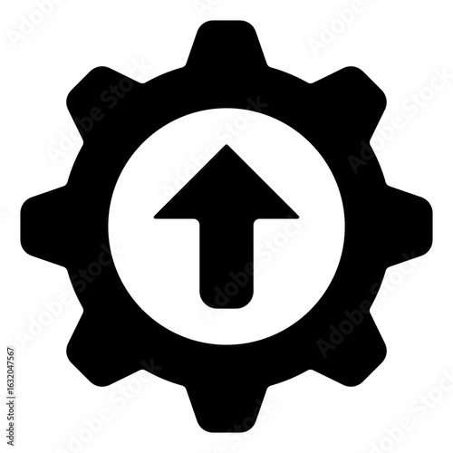Upgrade Process Glyph Black Silhouette Icon Design Vector - Upward arrow inside a gear, symbolizing system upgrade, performance boost, or technical improvement