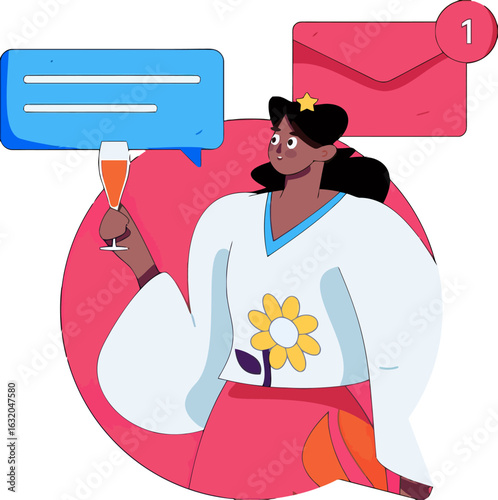Celebrate new achievements with a toast and a cheerful illustrated woman, perfect for expressing joy and success, sharing good news online, or highlighting exciting personal updates with digital flair