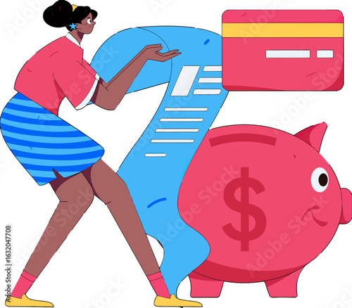 Empowered woman managing finances and savings with a credit card and piggy bank, illustrating financial literacy and smart money decisions for a secure future, budgeting illustration