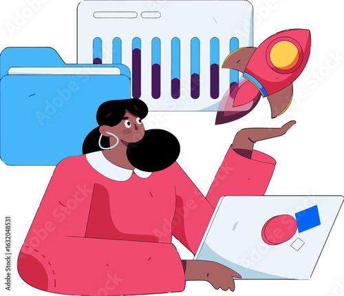 Creative woman launching new venture presenting data with modern laptop and rocket, symbolizing business growth, innovation, and success for startups and entrepreneurs in tech industry