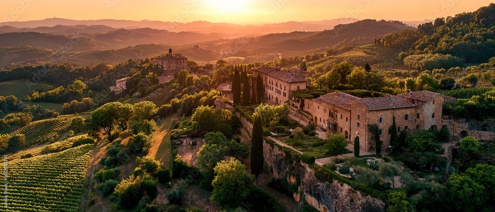 Fototapeta premium Beautiful view of a vineyard with a sunset in the background. The vineyard is surrounded by a wall and has a large house in the middle