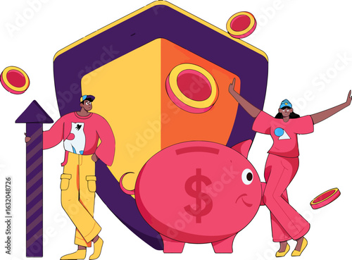 Invest wisely and grow your wealth with confidence, represented by a shield, piggy bank, arrow, and characters, signaling financial protection, savings, and potential for growth in the market