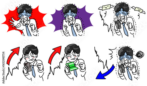 お金に関するリアクションをする若いサラリーマンのベクターセットイラスト
