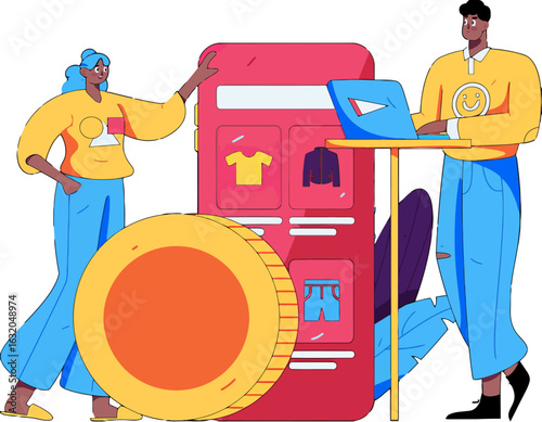 Stylish shoppers browse modern online fashion app with huge digital coin, connecting consumers to clothes with seamless ecommerce and mobile technology for an easy, trendy shopping experience
