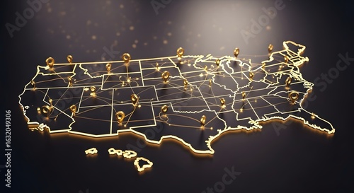United States Map with Connections, Network, Destinations, and Location Pins