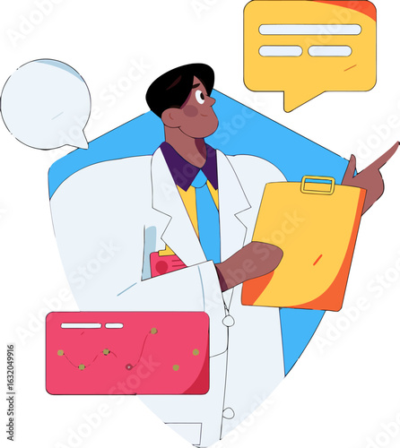 Animated doctor with insightful data trends and speech bubbles offering expert advice and clear communication for health and wellness solutions, perfect for medical marketing