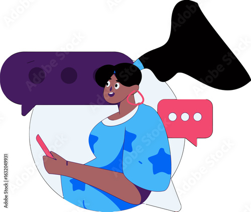 Engaging cartoon woman with mobile device sending text messages and using social media for communication and connection, perfect for illustrating mobile lifestyle and modern communication trends