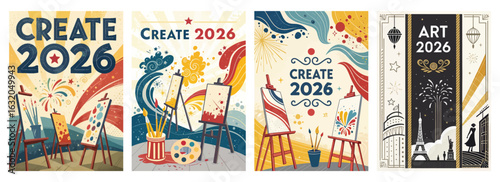 Set of four posters featuring colorful artistic themes for Create 2026