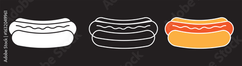 Hot dog icon collection in black and colored style. Sausage icon symbol collection on white background