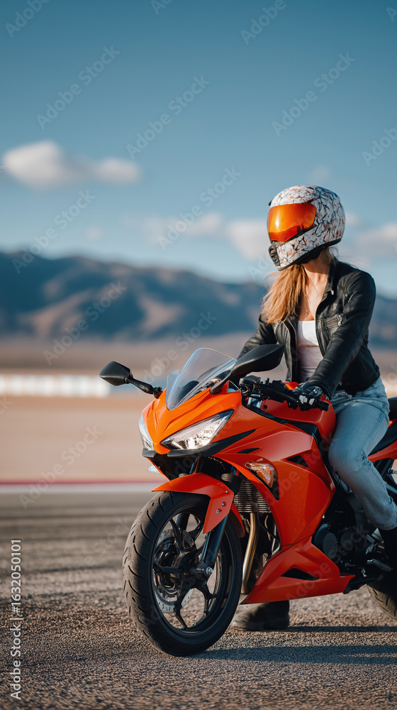 Obraz premium Female biker riding orange motorcycle in desert landscape