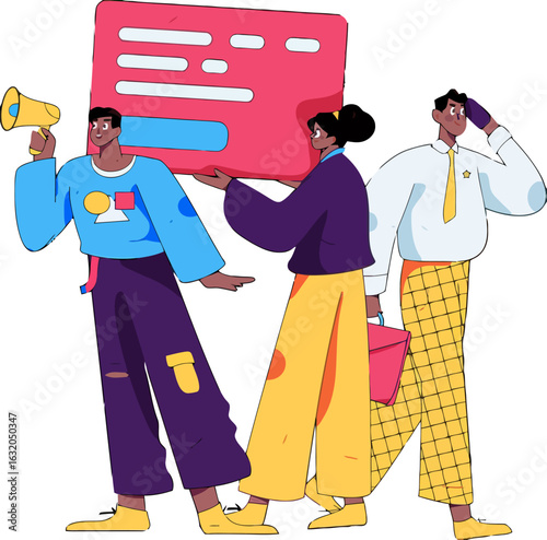 Diverse team announces innovation with megaphone and messaging board, embodying teamwork and creative solutions, ideal for marketing, communication, and creative agency visuals