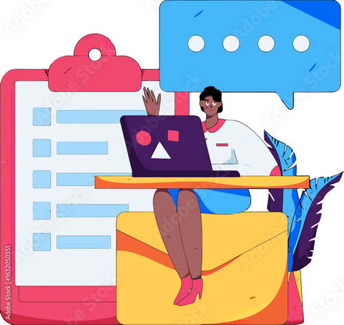 Creative woman working on laptop with digital communication elements, perfect for illustrating online courses, business presentations, or modern design projects that require a fresh look