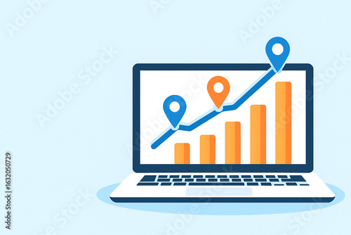 Laptop displaying a growing financial chart with location pins indicating progress